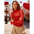 thumbnail image 3 of Camiseta de manga larga transparente para mujer, cuello alto, estampado de corazón, corte ajustado, estilo casual y urbano., 3 of 7