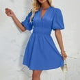 thumbnail image 2 of Dresses for Womens 2024 Plus Size Fashion V-Neck Puffy Sleeves Temperament Pleated High-waisted Mini Dress Solid Color Short-sleeved V-neck Dress, 2 of 5