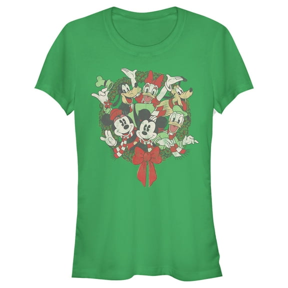 Junior's Mickey & Friends Christmas Group Shot Wreath Graphic Tee Kelly Green X Large