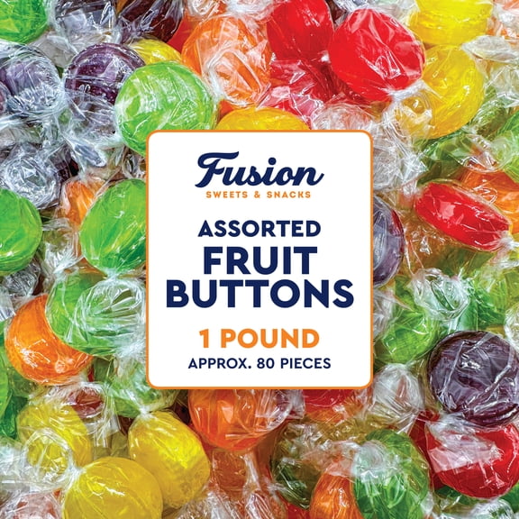 Assorted Fruit Buttons Hard Candy - 1 Pound Bulk Bag (Approx 80 Pieces) - Individually Wrapped Fruit Discs Hard Candies