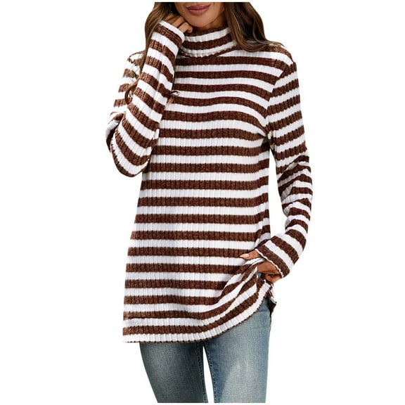 Lenpel Women's Turtleneck Tunic Tops Soft Casual Ribbed Knit Side Split Striped Long Sleeve Shirts Loose Lightweight Sweaters(Red,X-Large)