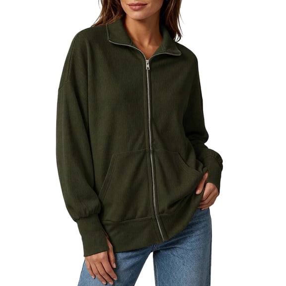 DISKEBUISS Women's Ribbed Full Zip Up Jacket Stand Collar Long Sleeve Sweatshirt Coat with Thumb Holes & Pockets for Fall Winter