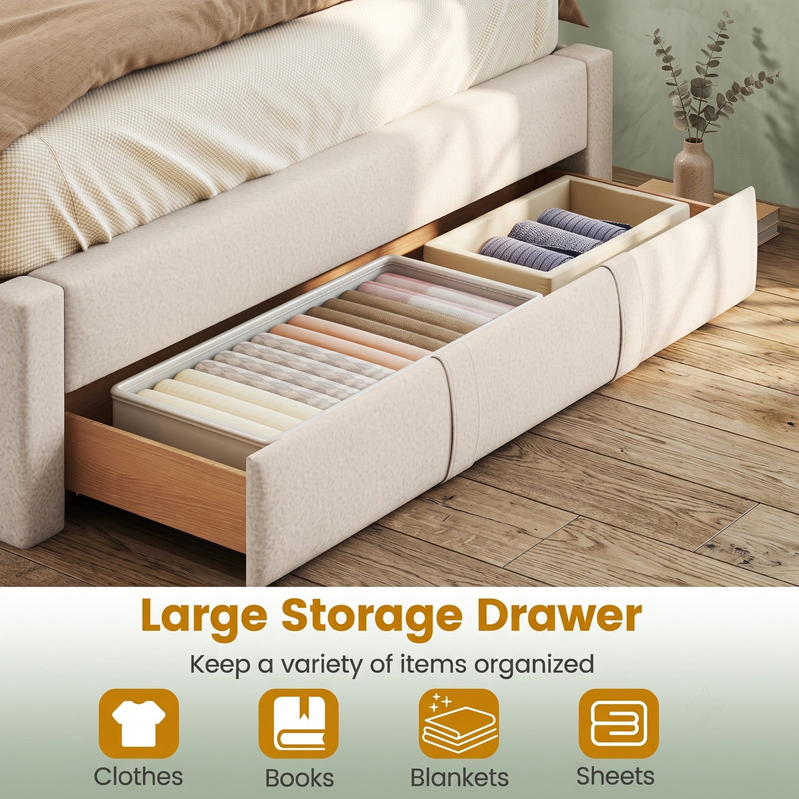 Furnibear Queen Size Bed Frame with Storage, Upholstered Platform Bed Frame with Wingback Headboard and Drawer, Queen Bed Frame No Box Spring, Beige