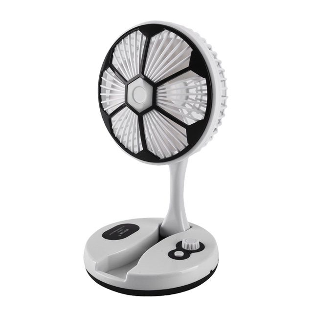 ventilador de coche, ventilador de refrigeración para vehículo, ventilador eléctrico para coche, ventilador portátil, ventilador de carga usb para camión Ventilador portátil blanco con base redonda y cuello articulado, vista frontal 3/4; aspas protegidas por rejilla hexagonal negra, control giratorio y botón en la base, puerto USB, dimensiones 30.00x17.00x17.00 cm y flujo de aire 2.8 m/s (prueba a 30 cm); compacto y apto para camioneta, camión, SUV u oficina; suele emplearse también sobre escritorios o mesas.