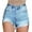 Blue, variant on JIKNTTR Women's Stretchy Jean Shorts Rhinestone Shorts Mid Waist Ripped Frayed Hem Tessles Stretchy Jean Shorts With Pockets Relaxed Fit Denim Shorts