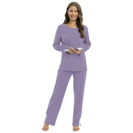

Women s Pajamas Set Long Sleeve Sleepwear Laced Round Neck Top with Pants Soft Loungewear