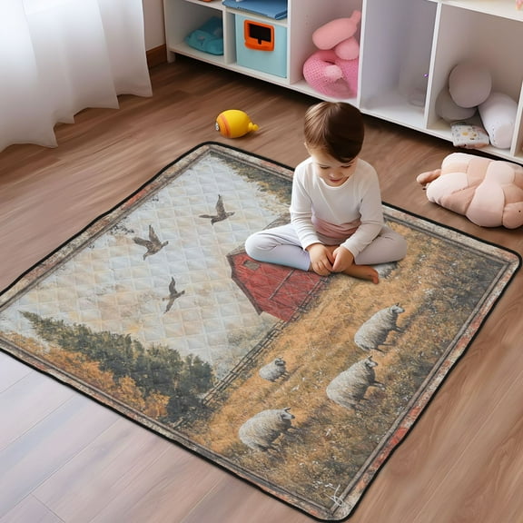 WOBOGO Sheep Pasture Baby Playmats Extra Large Waterproof Rollable Activity Pads for Toddlers 50×50inch