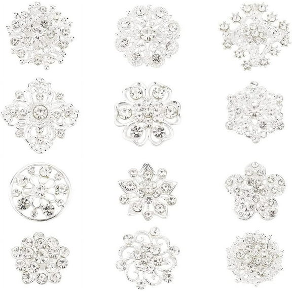 PH 12 Styles Rhinestone Flower Pin Brooches Flower Brooches Silver Plated Alloy Badges Wedding Bouquet Decoration Pins for Clothes Backpacks Wedding Parties Flower Lapel Badge Pins Silver DIY