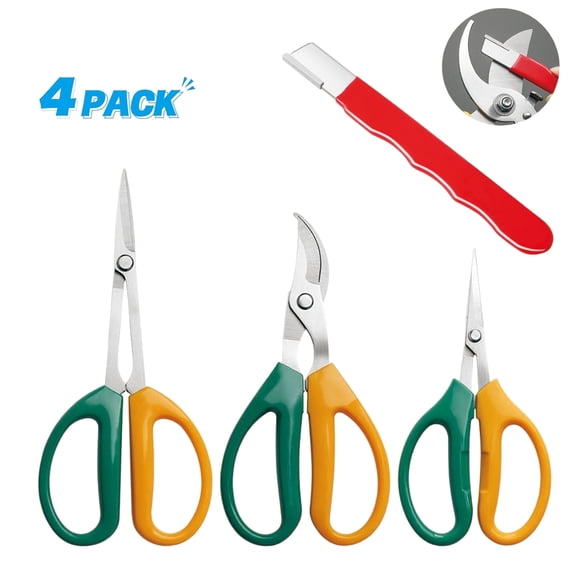 Jorunhe 4-in-1 Set Garden Shears with Stainless Steel Fruit Picking Shears, Pruning Shears, Budding Shears for Bonsai Herbs Flowers, Sharpener