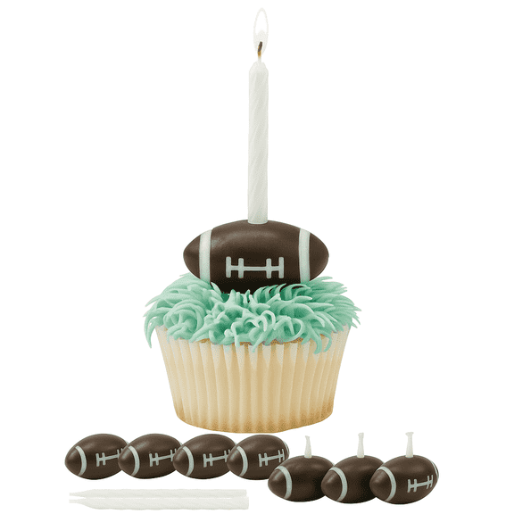 CakeDrake Football Shape Candle Holder Set 6 Pack with Spiral Candles, Sports Theme Dessert Decorations for Cakes and Cupcakes