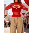 thumbnail image 4 of Camiseta de manga larga transparente para mujer, cuello alto, estampado de corazón, corte ajustado, estilo casual y urbano., 4 of 7
