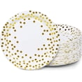 thumbnail image 1 of MATICAN 100-Pack Disposable White & Gold Party Plates, 9-Inch with Foil Polka Dots, 1 of 7