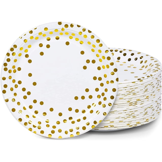 MATICAN 100-Pack Disposable White & Gold Party Plates, 9-Inch with Foil Polka Dots