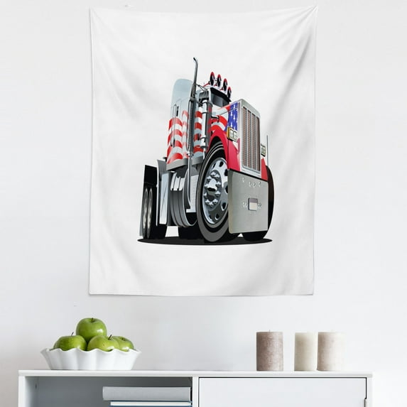 Truck Tapestry, American Flag Themed Semi 18 Wheeler Patriotic Transportation Industrial Vehicle, Fabric Wall Hanging Decor for Bedroom Living Room Dorm, 5 Sizes, Red White Blue, by Ambesonne