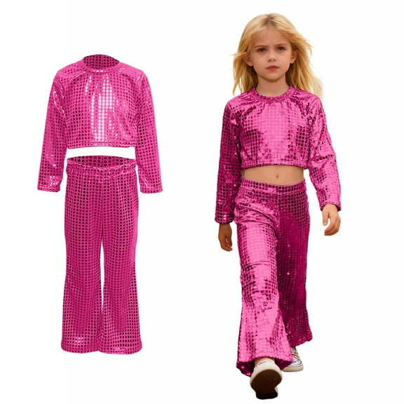 Kids Dance Sparkly Pink Dance Long Sleeve Crop Top and Flared Pants Outfit Set Girls Disco Outfit Dance Performance Outerwear
