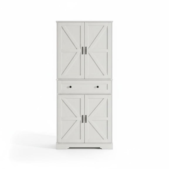 Freestanding Pantry Cabinet - 4 Doors, 6 Adjustable Shelves, Drawer, Sliding Barn Door - Versatile Storage Cupboard for Multiple Rooms - 71 Inch, White Embossed