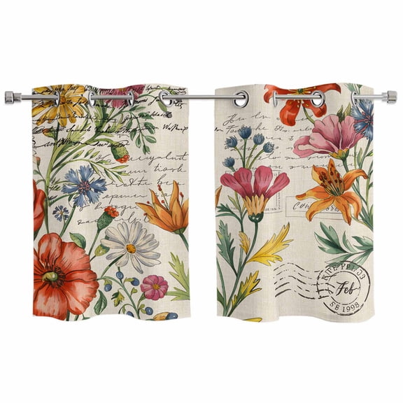 Summer Botanical Kitchen Curtains Small Short 39 Inch Length, Vintage Watercolor Flower Palnt Grommet Top Bedroom Living Room Curtains, Light Filtering Cafe Curtain Drapes 2 Panels Set 55''x39''