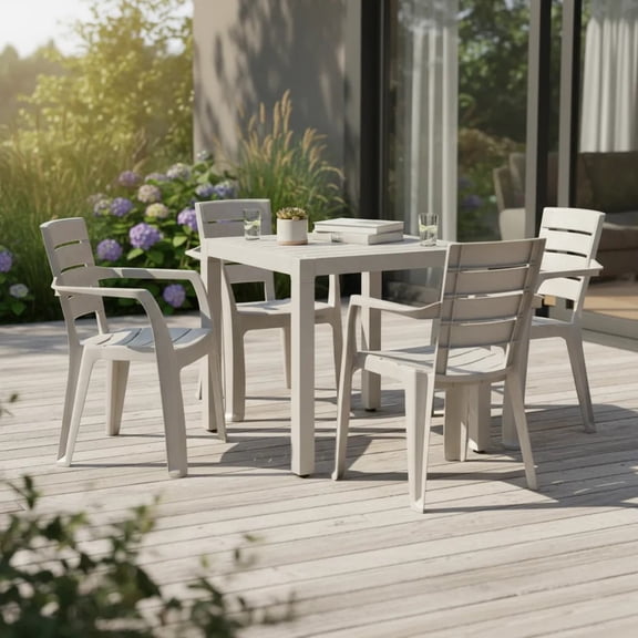 Comedor Plástico 4 Sillas Apilables 1 Mesa Apariciencia Madera Interior Exterior Ideal Patio Jardín Terraza Alberca Playa RIMAX