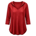thumbnail image 6 of hoksml Women Drawstring Hood V Neck 3/4 Sleeve Tunic Top Curved Hem Loose Raglan Pullover for Casual Daily Lounge, 6 of 9