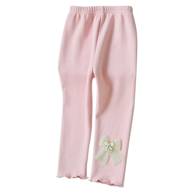 GigrtiJin 8 Months-7 Years Girls Baby Cotton Pants Solid Color Ribbed Elastic Waisted Pleated Cuff Long Pants with Decoration