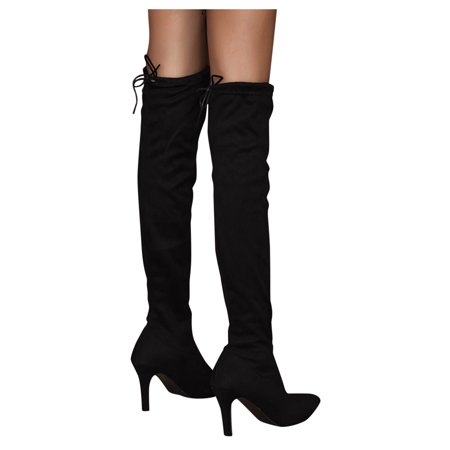 

Keen-High Boots for Women Heels Thin High Toe Color Solid Shoes Knee The Over Pointed Women Boots Women s Boots Flock heeled sandals Black