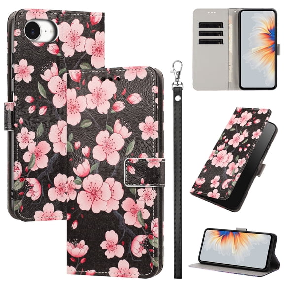 PU Leather Wallet Case for iPhone 16e/17e with Pattern Design, Built in Kickstand Card Slots Wrist Strap Drop Protective Phone Cover for iPhone 16e/17e, G