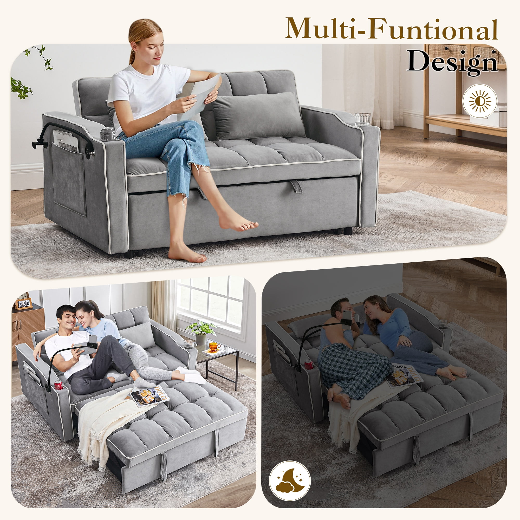 Dinosisco 3-in-1 Convertible Futon Sofa Bed, Loveseat Sleeper with Phone Stand, USB, Gray Velvet