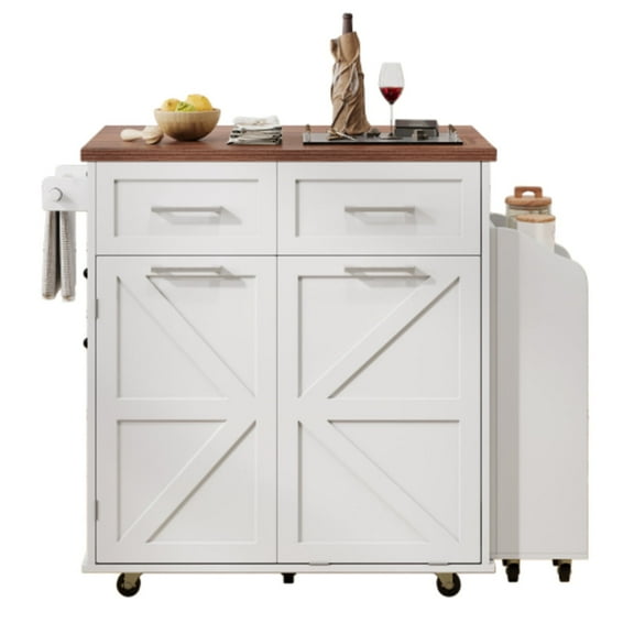 BOFANG Farmhouse Kitchen Island, Removable Rolling Cart, Drop Leaf, 2-Drawer Storage, White