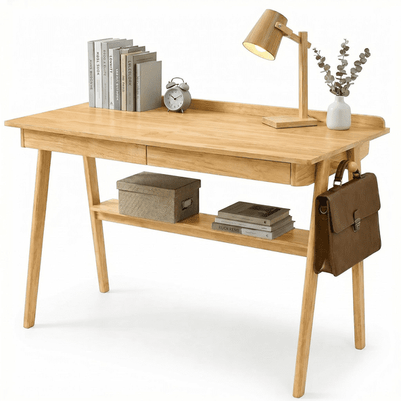 Solid Wood Writing Desk, Mid Century Modern Home Office Desk with 2 Drawers, Storage Shelf and Side Hooks, Wooden Study Desk for Bedroom Small Spaces