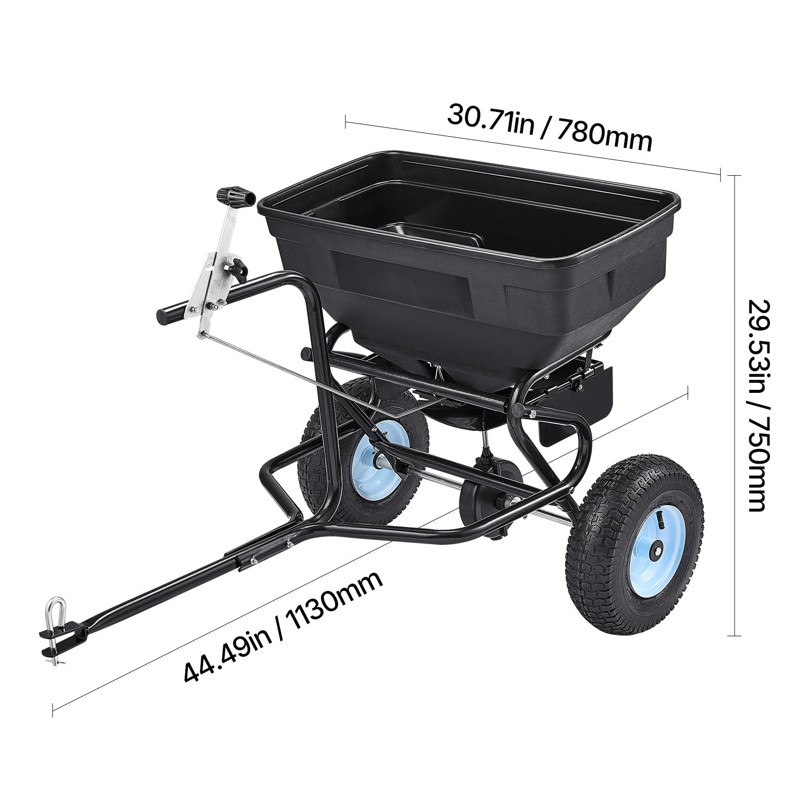 KFFKFF Tow-Behind Broadcast Spreader Garden Fertilizer Seeder, Steel & PP Material, 130 lbs Capacity