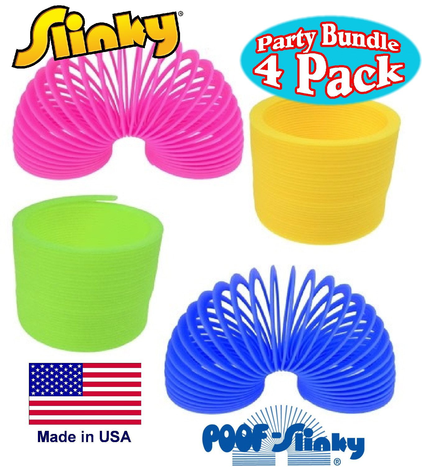 Assorted 4 Pack Poof Slinky Original Plastic Slinky Gift Set Party Bundle