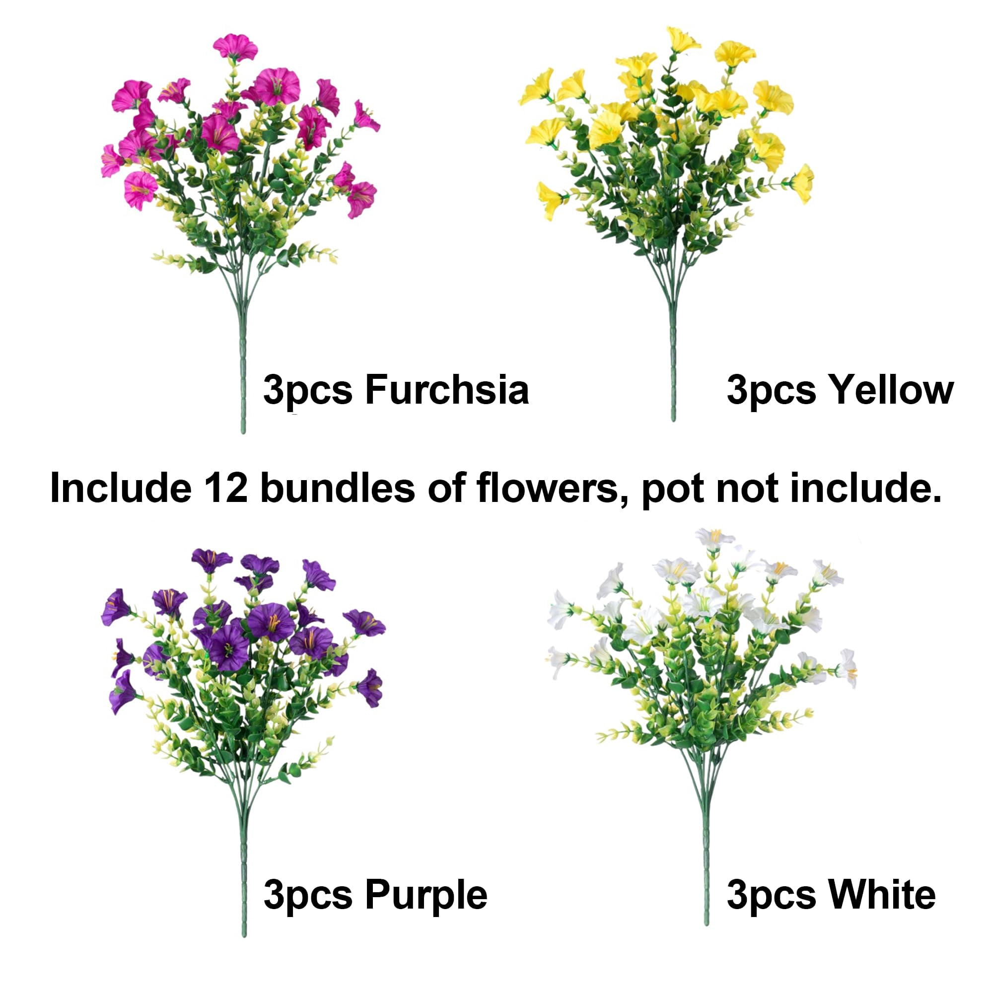 Artificial Outdoor Flowers Fake Plants for Spring Summer Decoration,12 Bundles Silk Morning Glory Eucalyptus