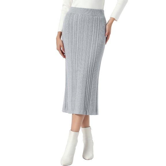 INSPIRE CHIC Cable Knit Sweater Skirt for Women's Elastic Waist A-Line Side Slit Casual Ribbed Knit Maxi Skirt XS Gray
