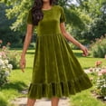 thumbnail image 2 of Ashirexll Womens Summer Dresses, Casual Dresses for Women, Fashion Solid Color Loose Round Neck Short Sleeve Velvet Dress, 2 of 7