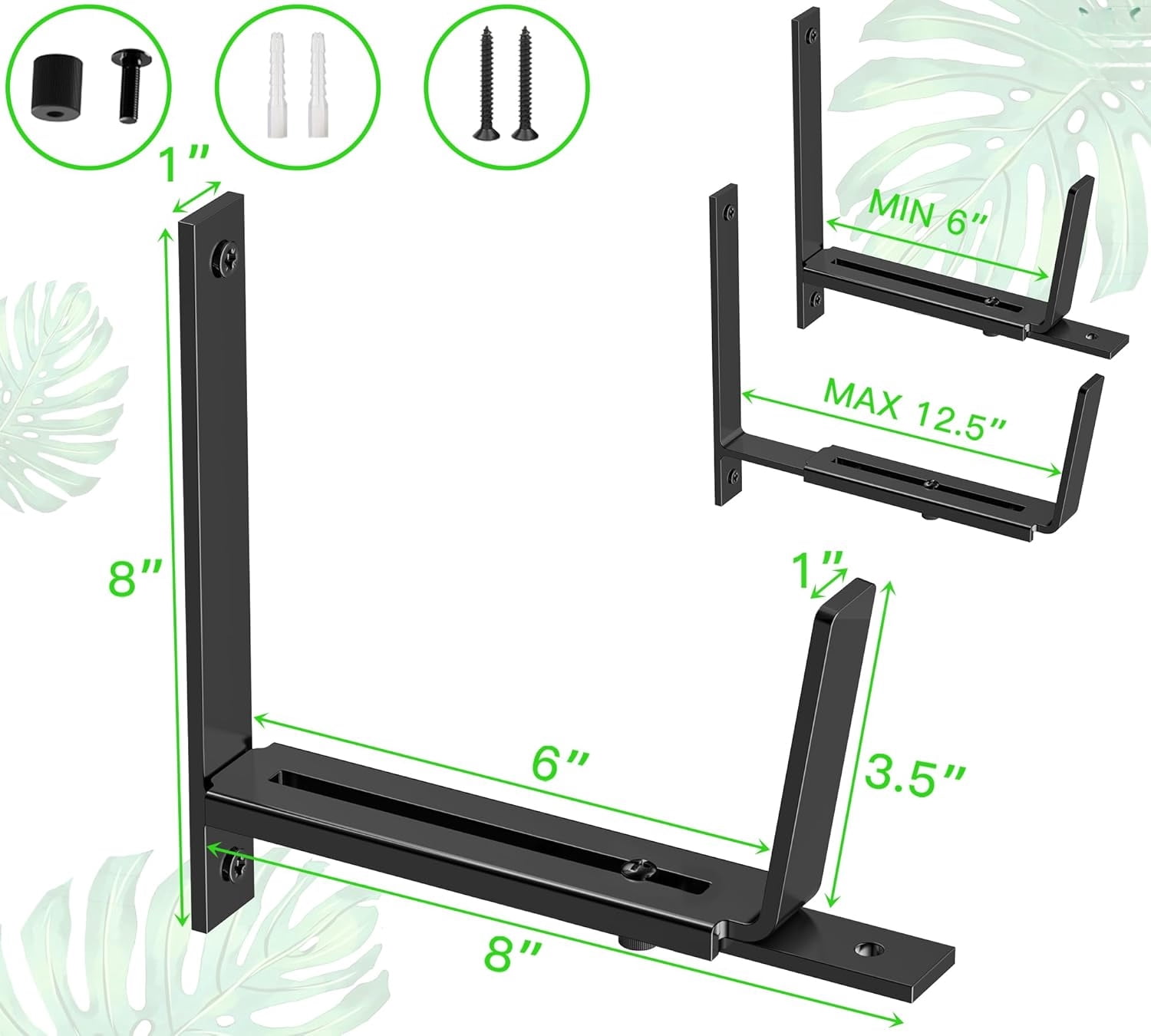 Adjustable Planter Box Brackets (6 to 12.5 in), Universal Window Box Brackets, Heavy Duty Iron Flower Box Wall Mounting Hooks for Balcony, Fences, Patio, and Garden