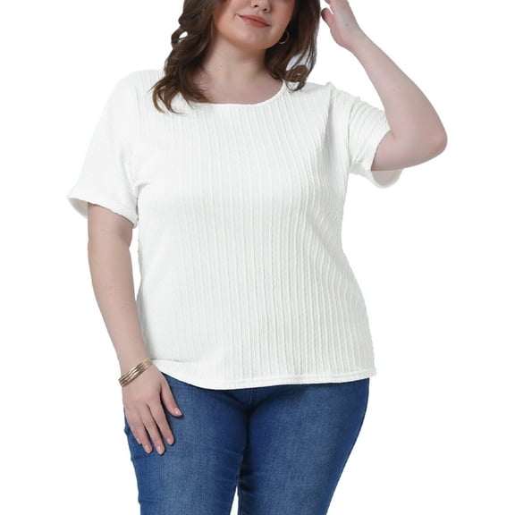 Agnes Orinda Women's Plus Size Textured Tops Rolled Short Sleeve Crew Neck T-Shirts Casual Basic Blouses 1X White