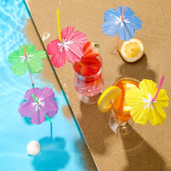 Hibiscus Umbrella Drinking Straws, 100-Pack Tropical Cocktail Straws With Colorful Flower Decor, For Summer Hawaiian Beach Parties, Pool Events, Luau Celebrations, Bar Drinks,