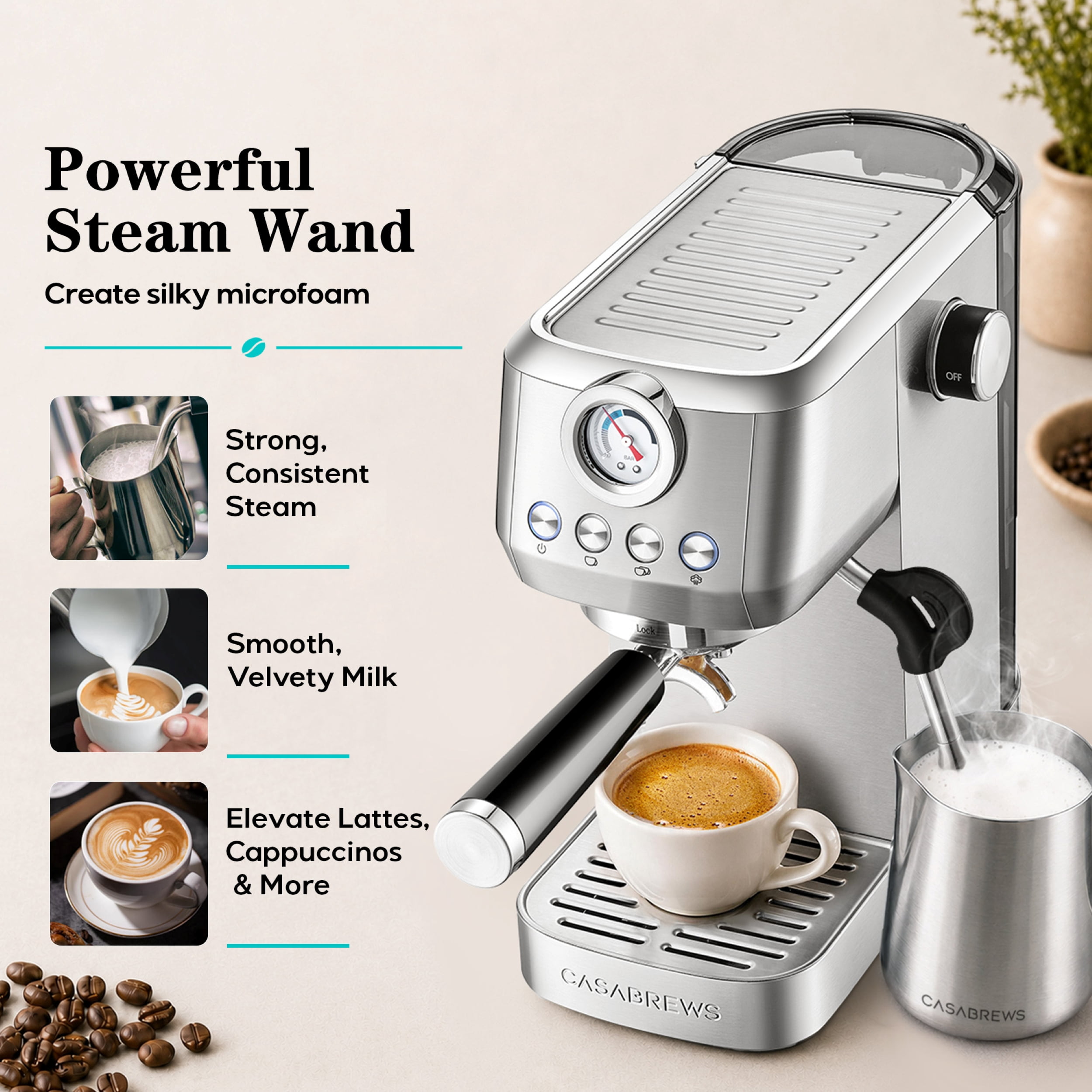 Casabrews 3700Gense Espresso Machine with 58mm Portafilter, PID Temperature Control, Pressure Gauge, 20-Bar Pump, Steam Wand & Stainless Steel Design