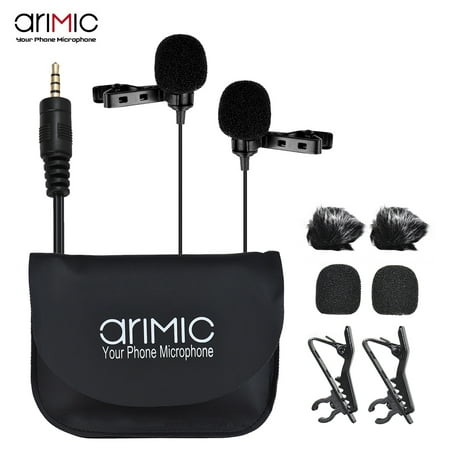 ARIMIC Dual-Headed Lavalier Lapel Clip-on Omnidirectional Condenser Microphone Mic Cable Length 19.7ft for iPod Android Smartphone for Canon Nikon DSLR