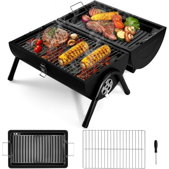 Portable Charcoal Grill, Outdoor Barbecue Folding Mini Smoker, Adjustable Small Tabletop Grill with Roasting Plate & Grill Grate, Two Side Grill for Camping Hiking Beach Garden Backyard Picnic