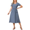 thumbnail image 2 of INSPIRE CHIC Women's Linen Dress Summer Short Sleeve V Neck Boho Sundress Casual Loose Flowy Beach Midi Dresses S Dusty Blue, 2 of 6