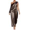 thumbnail image 2 of Pounoo Two Piece Sets for Women Satin Fabric Asymmetric Neck Short Sleeve Top Full Length Pants Elegant Style Daily Party Vacation Matching Outfits, 2 of 6