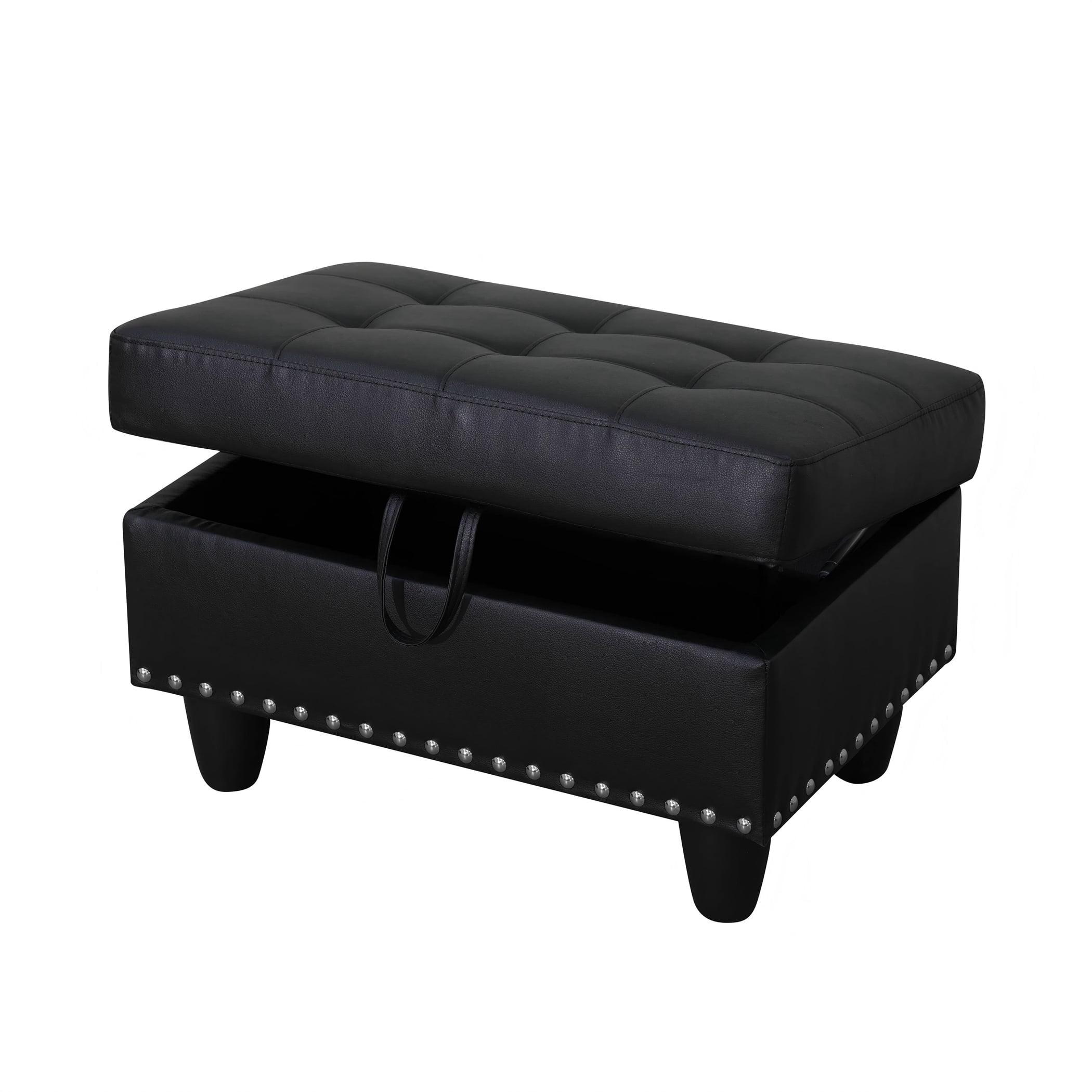 Aukfa 29" Storage Ottoman Bench for Sectional Sofa for Home Office, Nailhead Trim&Lift Top, Leather, Black