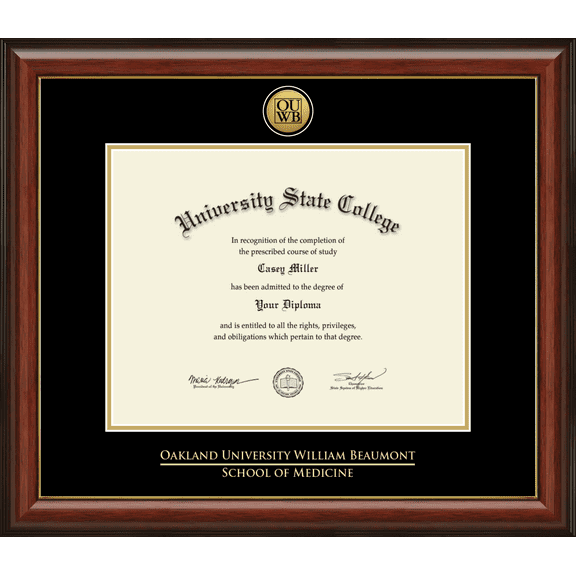 Oakland University William Beaumont School of Medicine Diploma Frame, Document Size 14" x 11"