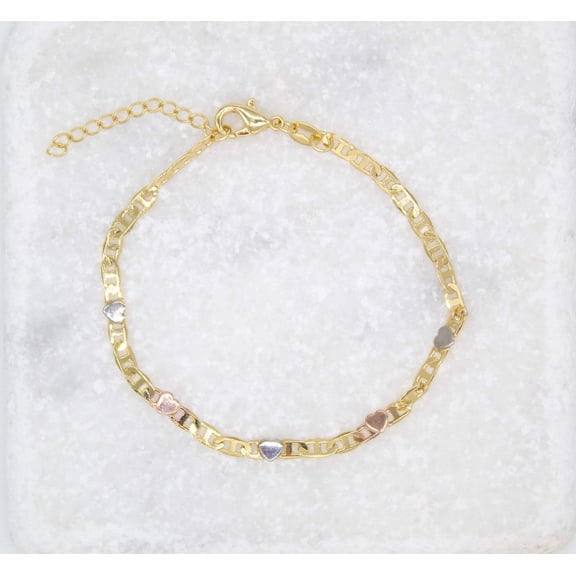 Three Tones 3mm Heart Flat Mariner Chain Bracelet (I121)
