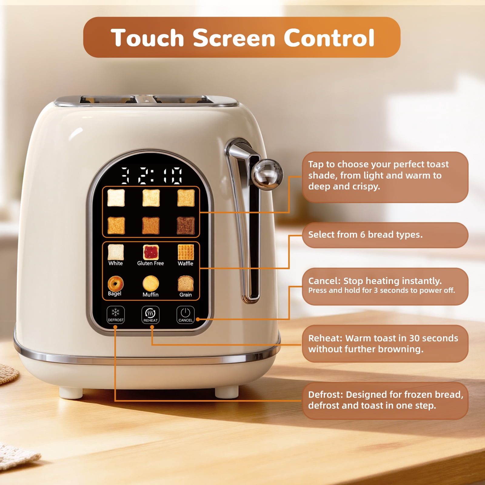 Mecity Easy Touch Screen Toaster 2 Slice – Retro Wide Slot Stainless Steel Toaster with Large Display, 6 Browning Levels, Bagel, Defrost & Reheat, Removable Crumb Tray, Cream Color