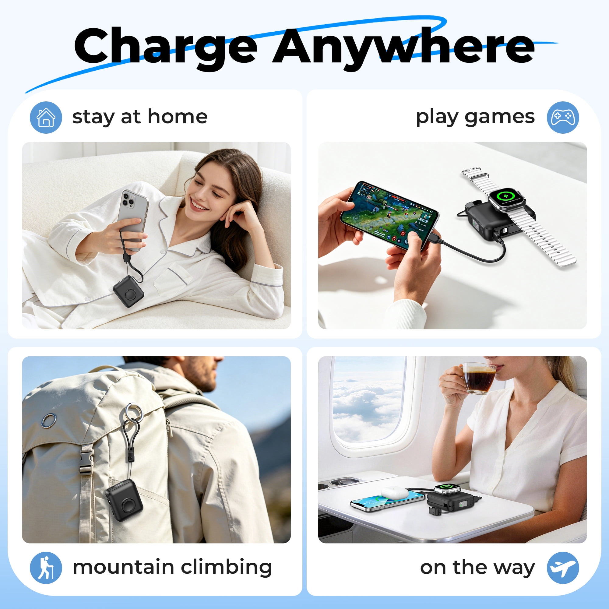 20000mAh Portable Charger 22.5W Fast Charging Power Bank with Built-in Cable,Travel Essentials Small Battery Pack with LED Display,Magnetic Phone Charger for Apple Watch and iPhone,Samsung,iPad,Black