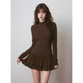 thumbnail image 4 of Women'S Fall Long Sleeve Dresses Mock Neck Ruched Y2K Clothes Ruffle Layered Bodycon Mini Party Dress Brown XL, 4 of 9