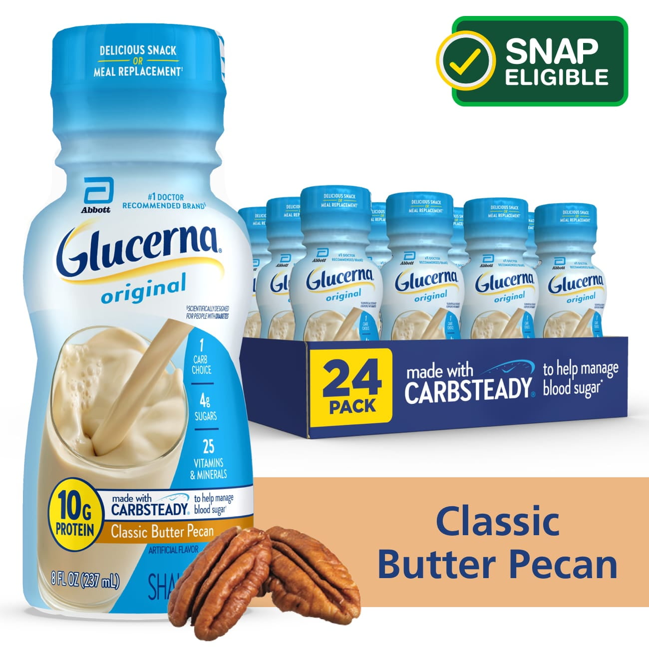 Glucerna Nutritional Shake, Classic Butter Pecan, 8floz Bottle, 24