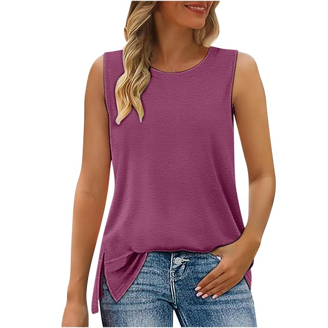 Lmnyox Sleeveless Summer Tops Loose Basic Crew Neck Side Slit Tank Shirts Casual Fashion Solid Color T Shirts